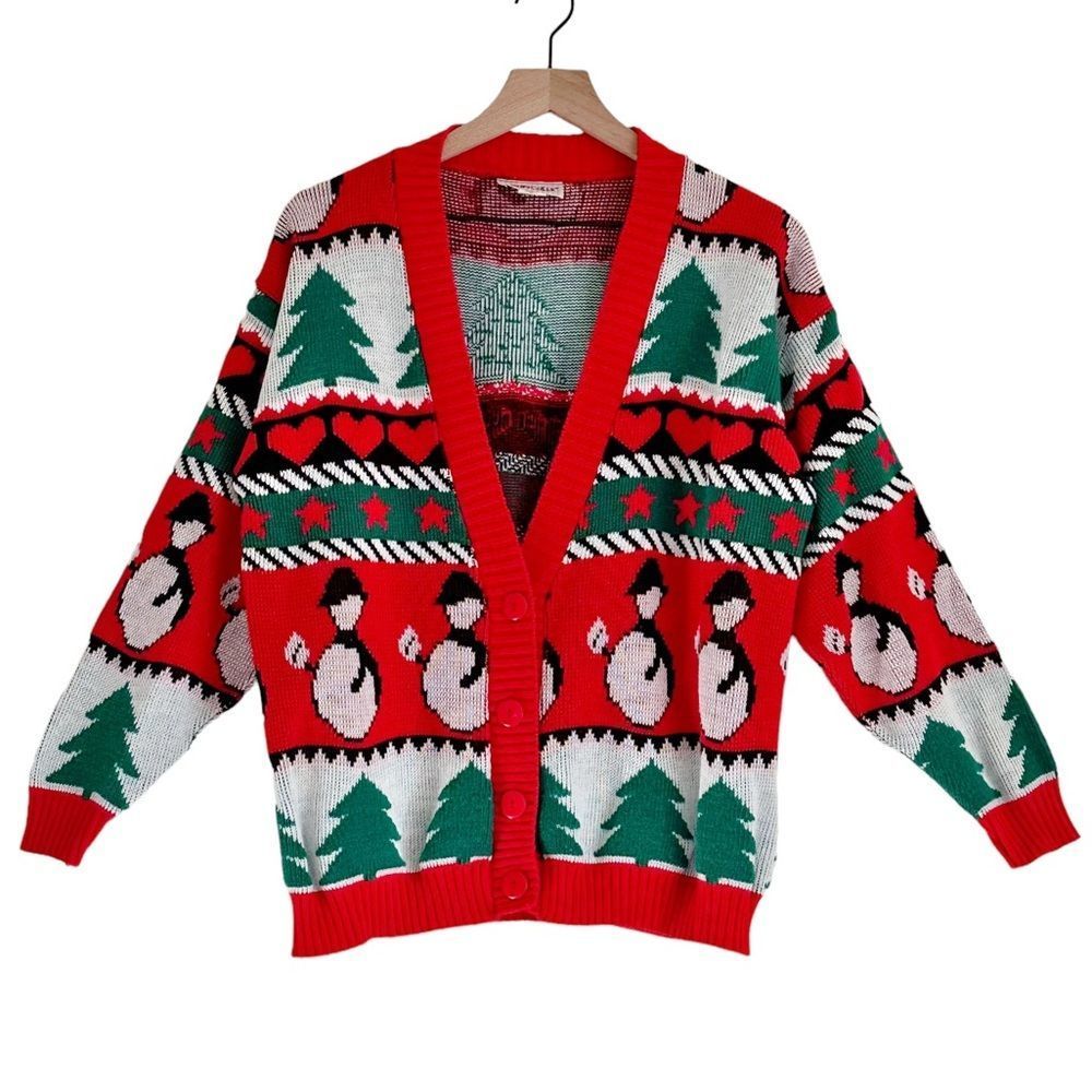 Vintage Cabin Creek Christmas Sweater Cardigan Petite Medium Snowman Grannycore